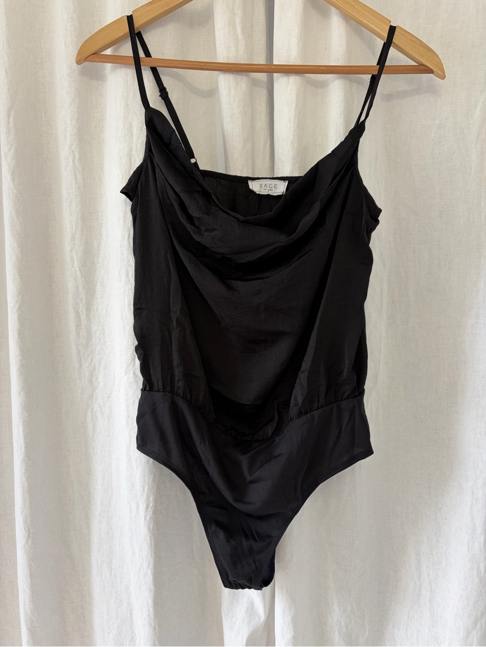 Sage Black Cowl Neck Bodysuit with Spaghetti Straps